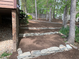 Stone steps winding through a wooded area with trees and ground cover